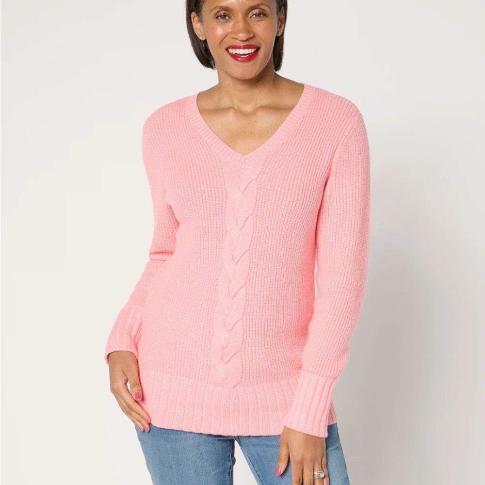 Denim & Co. Soft Knit V-Neck Cable Sweater Size M